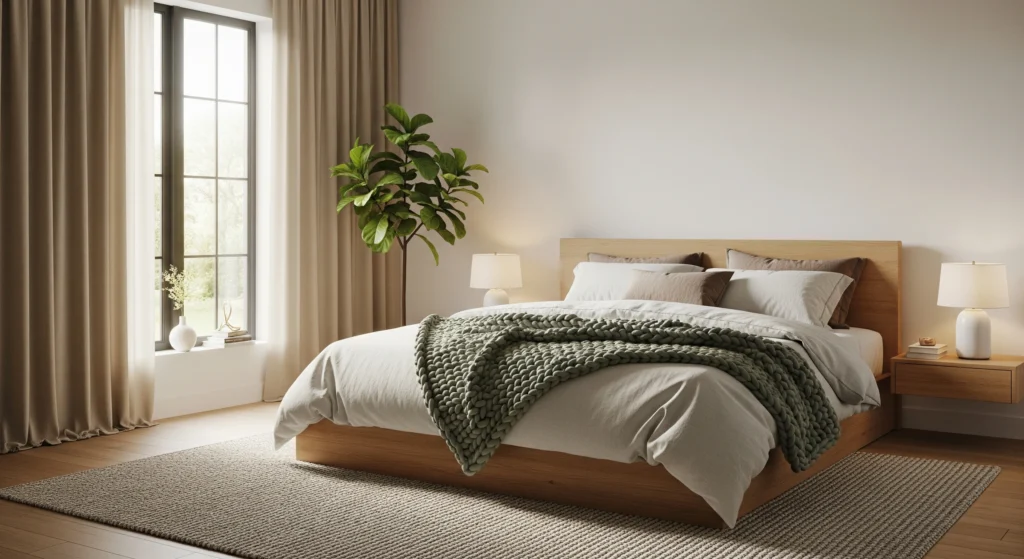 Cozy minimalist bedroom sanctuary with oak platform bed, linen bedding, and blackout curtains
