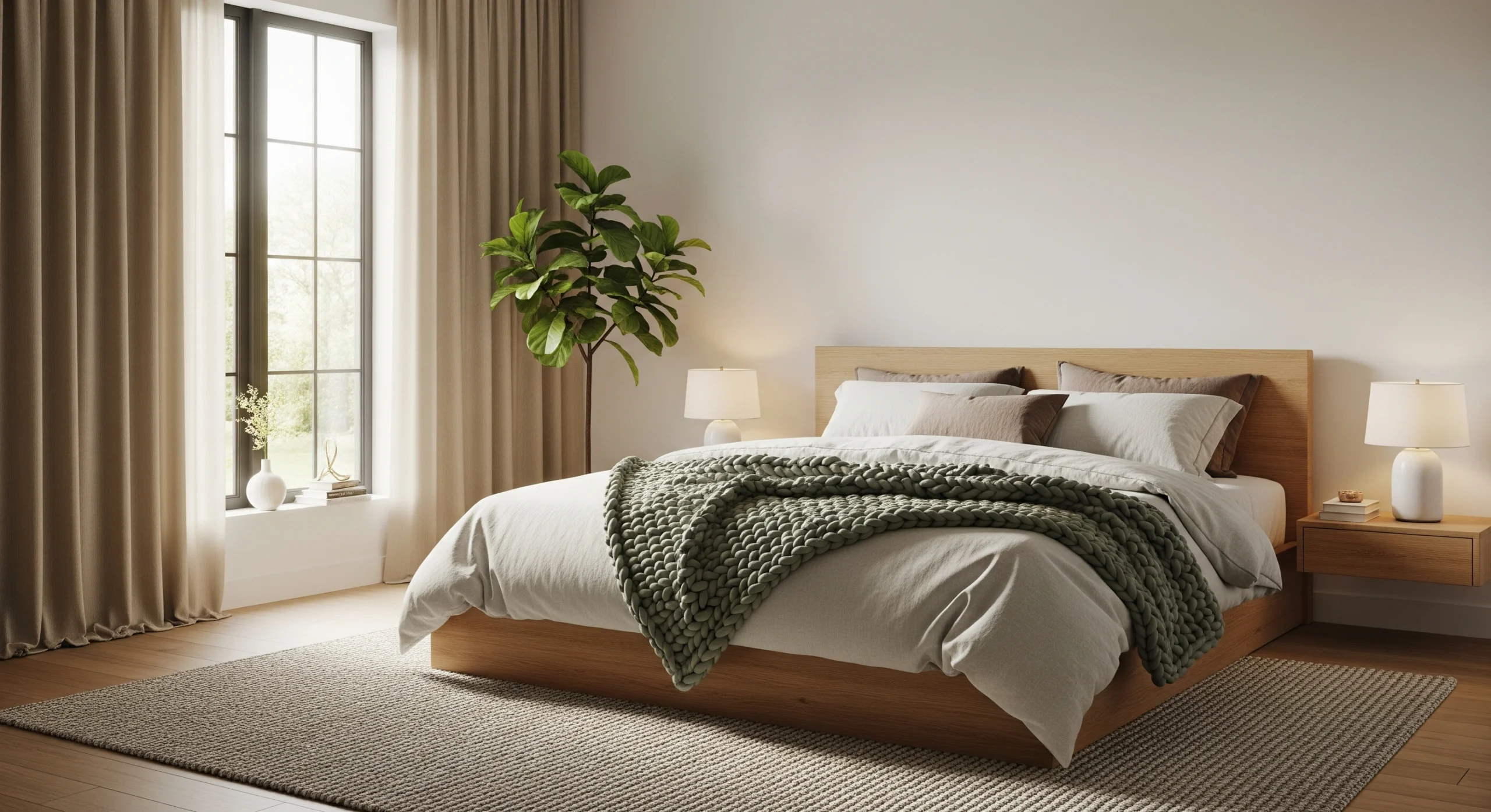 Cozy minimalist bedroom sanctuary with oak platform bed, linen bedding, and blackout curtains