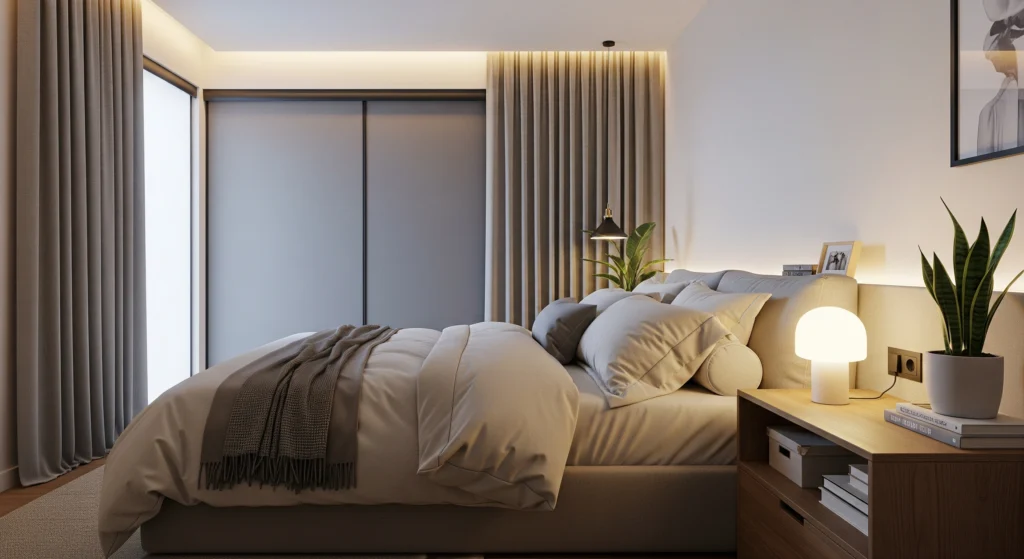 Modern cozy bedroom with layered bedding and warm lighting