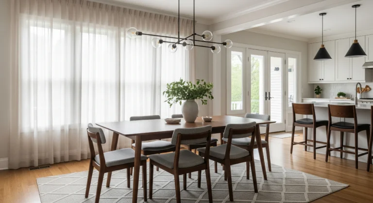Modern walnut kitchen dining set with upholstered chairs in a sunlit open-concept dining room.