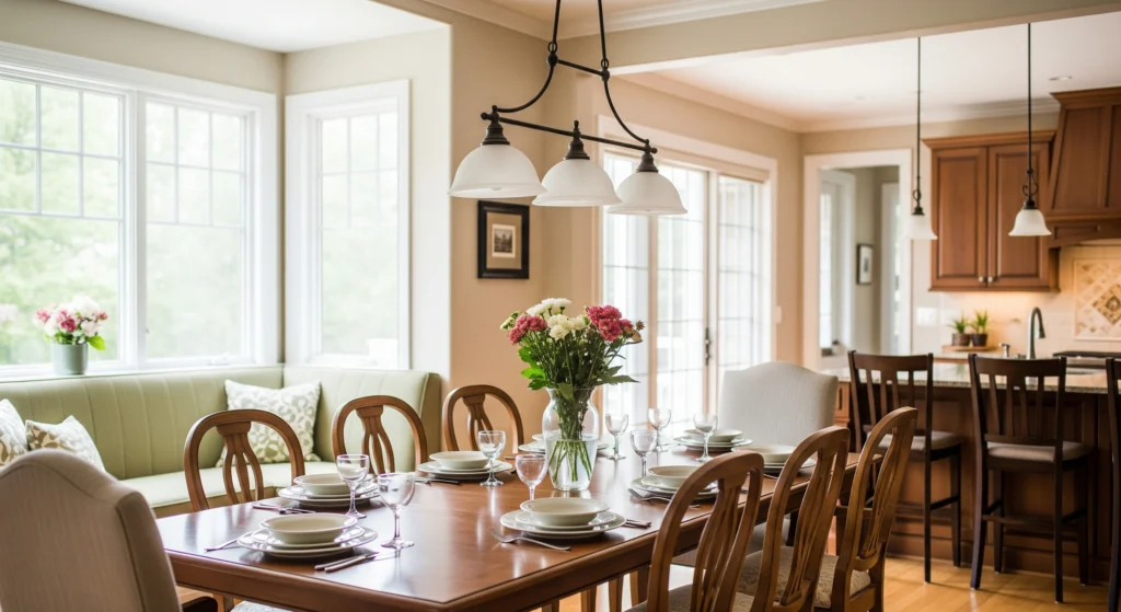 Modern kitchen dining set with wooden table and six chairs in bright, naturally lit space with breakfast nook