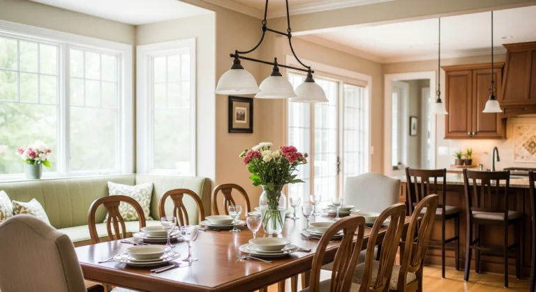 Modern kitchen dining set with wooden table and six chairs in bright, naturally lit space with breakfast nook