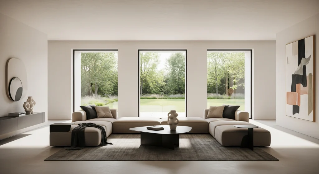 Modern minimalist living room with clean lines and neutral furniture.