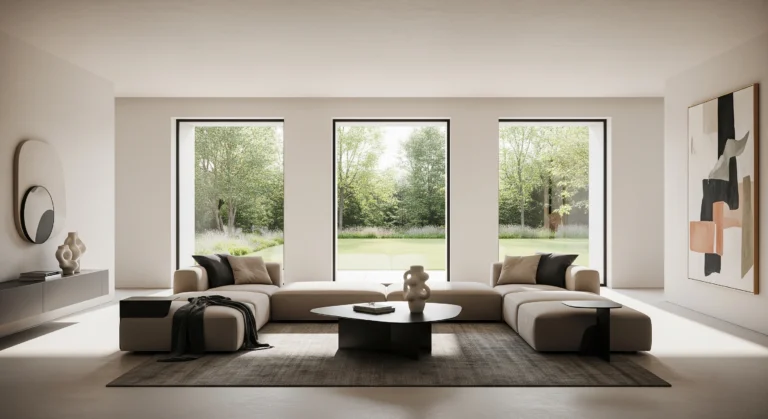 Modern minimalist living room with clean lines and neutral furniture.